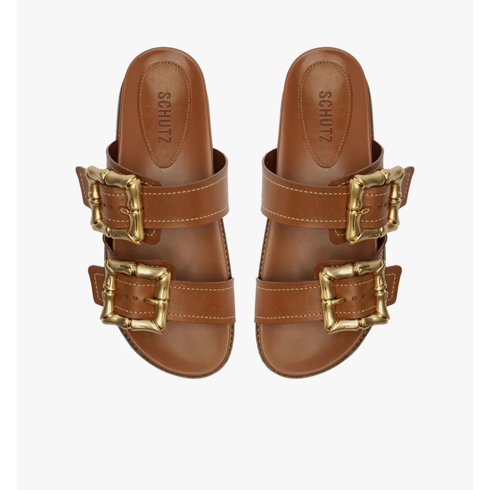 SCHUTZ ENOLA SPORTY LEATHER SANDAL color new wood sz 9 Big Buckle